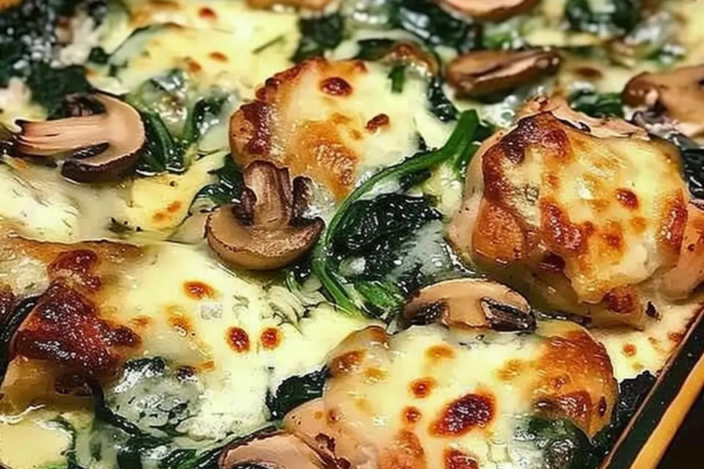 Chicken Spinach Mushroom Bake, Low Carb Oven Dish, Creamy Chicken Recipe