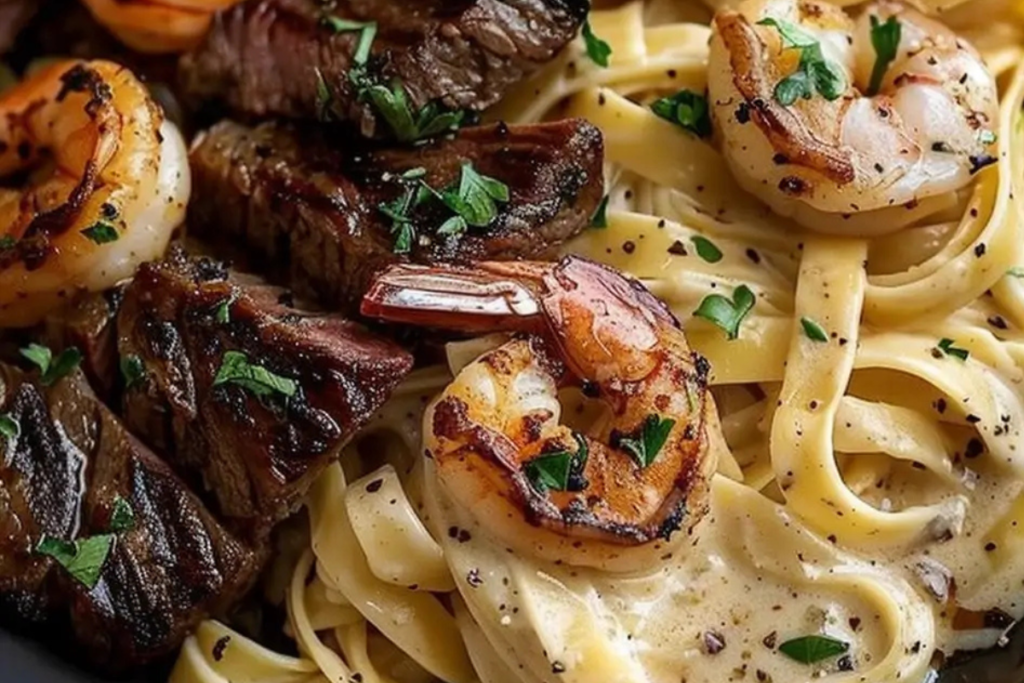 Cajun Shrimp and Steak Alfredo Pasta