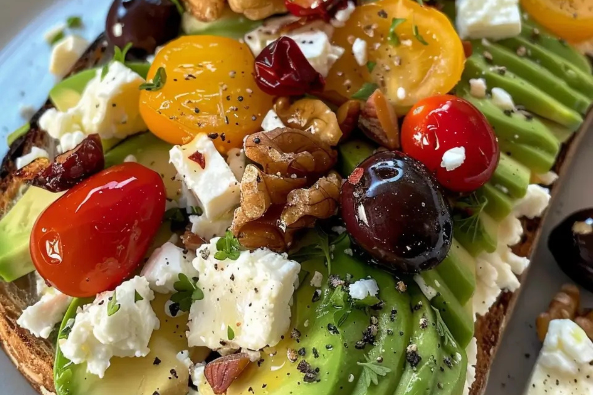 Avocado Toast with Feta, Cherry Tomatoes, Cranberries, and Walnuts