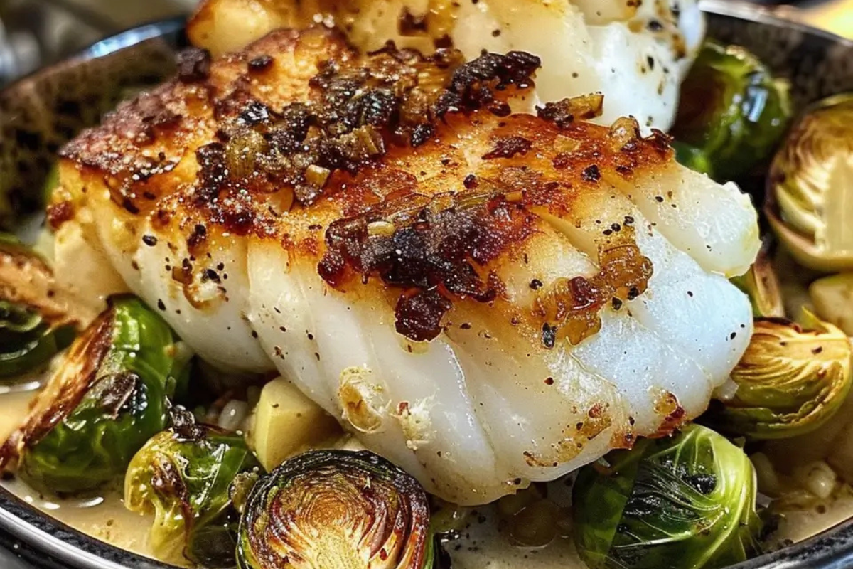 Lemon Garlic Butter Cod Bowls with roasted Brussels sprouts