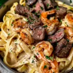 Cajun Shrimp and Steak Alfredo Pasta